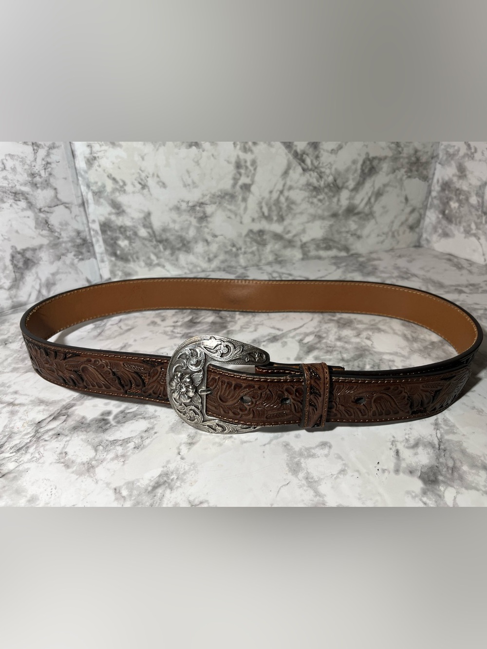 Nocona Brown Tooled Leather Belt with Ornate Silver Buckle - Picture 2 of 12